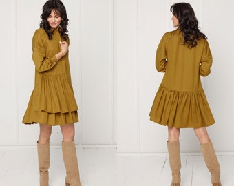 Mini Tencel Shirt  Dress Eva With Double Front Frill in Olive Green