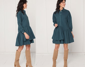 Mini Tencel Shirt  Dress Eva With Double Front Frill in Teal Blue