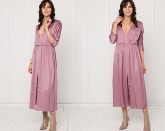 Oversized Open Back Ciara Midi Dress with Kimono Sleeve, Bridesmaids, Deep V neck, Loose fitted, Cocktail Dress in  Purple  Viscose