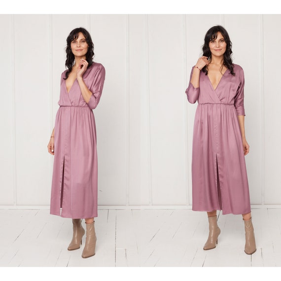Oversized Open Back Ciara Midi Dress With Kimono Sleeve Bridesmaids Deep V Neck Loose Fitted Cocktail Dress in Purple Viscose Etsy Canada