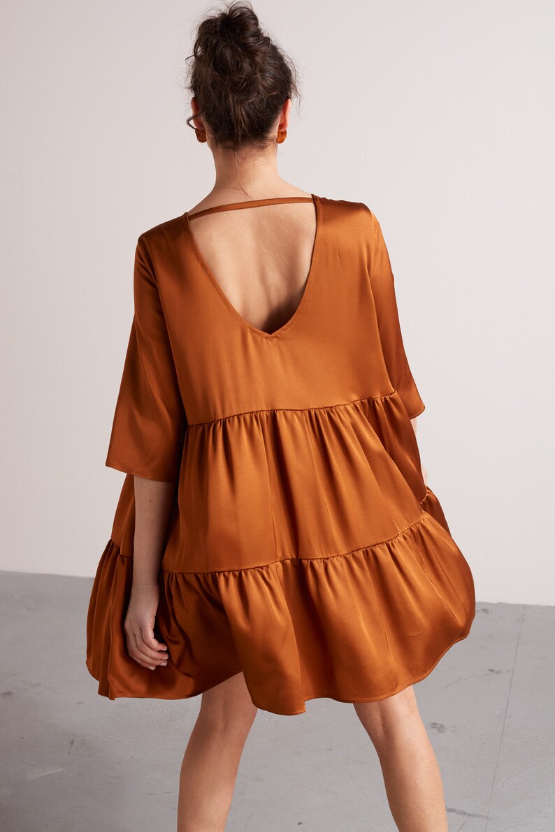 Casual Dress Flowy Baby Doll Mini Tier Dress LOLITA Summer Dress Oversized Loose Fitting Beach Dress in Bronze