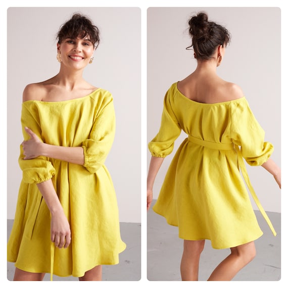 Linen Mini Flared Of-the-shoulder Dress MILA, Summer Dress With Pockets,  Oversized, Plus Size, Bridesmaids, Pregnancy Dress in Lemon Yellow 