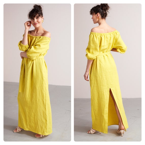 Linen Off Shoulder Maxi Dress Goya, Boho Maxi Dress with Pockets, Sumer Dress, Bridesmaids Dress, Cocktails Dress in Lemon Yellow