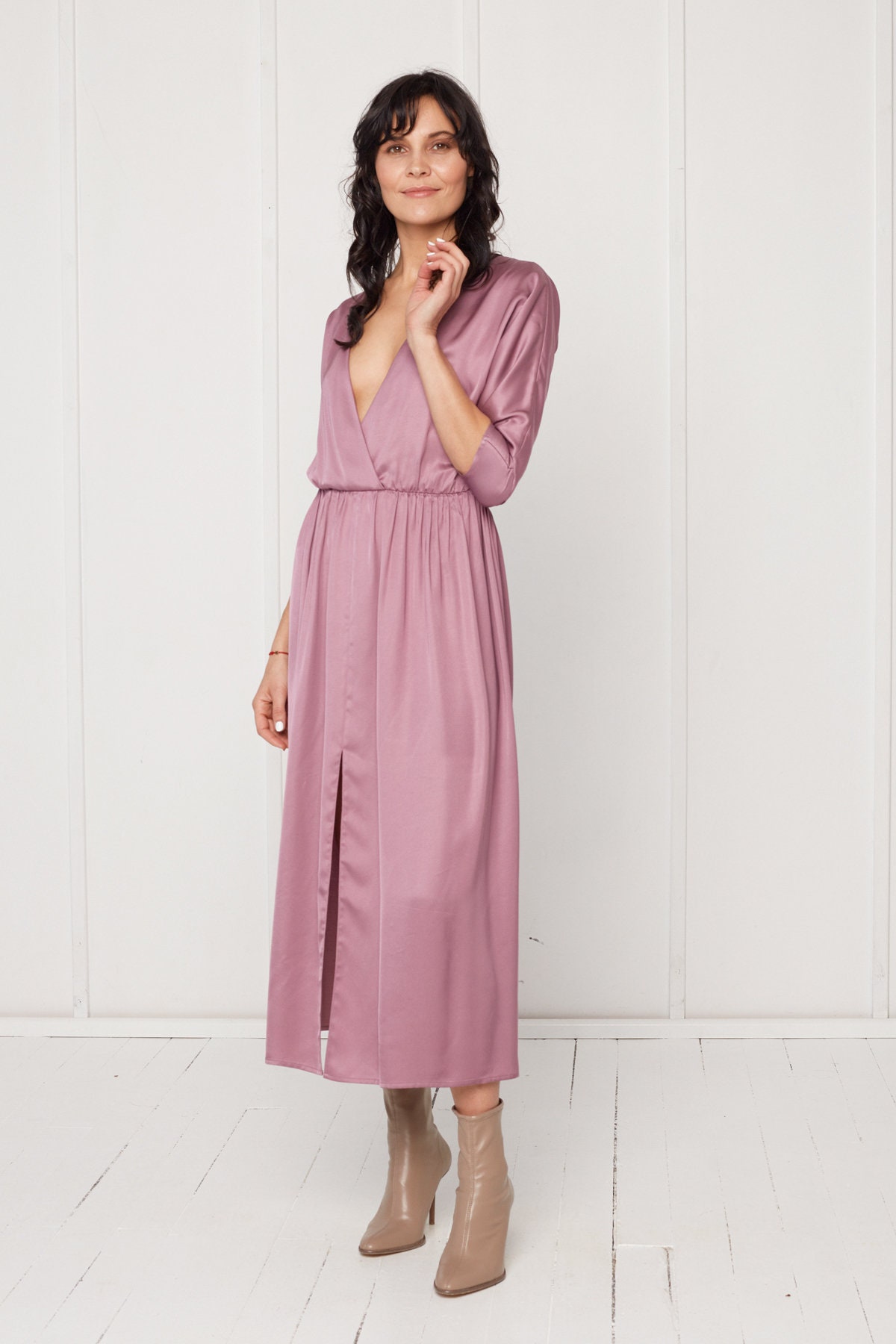 ciara midi dress Oversized Open Back Ciara Midi Dress with Kimono Sleeve, Bridesmaids, Deep V neck, Loose fitted, Cocktail Dress in Taupe Viscose