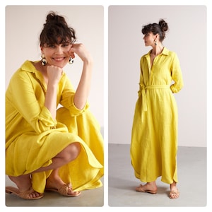 Linen Maxi A Silhouette Kaftan Shirt Dress ZUMA, Summer Dress with Pockets, Plus size Dress, Linen Shirt Dress, Beach Dress in Yellow Lemon