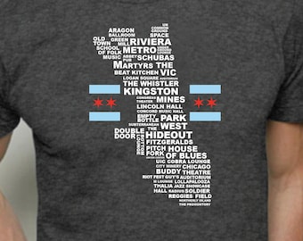 Chicago Music Venues T-Shirt, Gifts for Music Lovers, Gifts Under 50, Chicago Flag