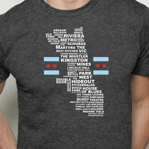 Chicago Music Venues T-Shirt, Gifts for Music Lovers, Gifts Under 50, Chicago Flag