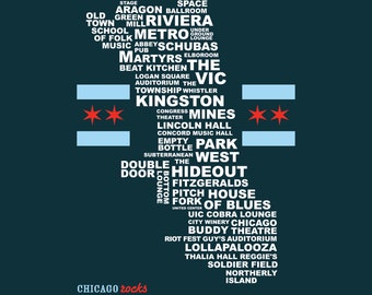 Chicago Music Venues - Poster, Gifts for Music Lovers, Gifts Under 50, Chicago Flag