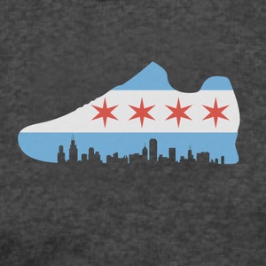 May include: A silhouette of the Chicago skyline in the shape of a running shoe, with the Chicago flag colors and stars in the background.