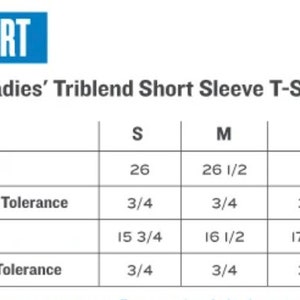 May include: Size chart for a Bella Triblend Short Sleeve T-Shirt, showing measurements in inches for sizes S, M, L, and XL. Measurements include body length, body length tolerance, body width, and body width tolerance.