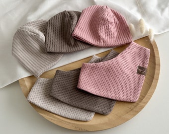 Set Dreieckstuch Mütze Halstuch Beanie Winter Frühling Herbst Junge Mädchen Geschenk zur Geburt Taufe Geburtstag Waffeljersey Einfarbig