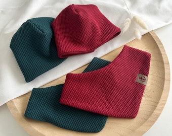 Beanie hat neck scarf set triangular scarf winter spring autumn boy girl gift for birth baptism birthday waffle jersey plain