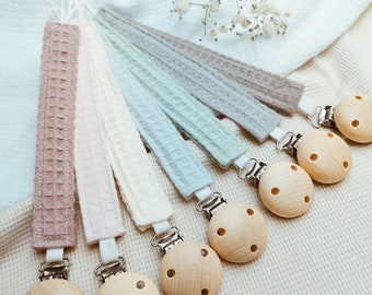 Pacifier Chain Fabric Pacifier Ribbon Birth Gift Birthday Wooden Clip Cotton Waffle pique Young Girls Newborn
