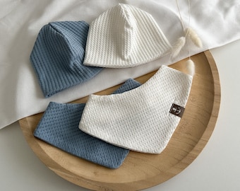 Set Halstuch Beanie Dreieckstuch Mütze Winter Frühling Herbst Junge Mädchen Geschenk zur Geburt Taufe Geburtstag Waffeljersey Einfarbig