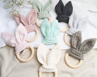 Anneau de préhension oreilles de lapin lapin en tissu jouet de préhension cadeau pour la naissance baptême anniversaire anneau en bois coton gaufre lpique garçon fille nouveau-né