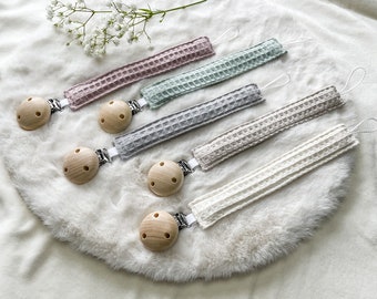 Schnullerkette Schnullerband aus Stoff Geschenk zur Geburt Taufe Geburtstag Holzclip Baumwolle Waffelpique Junge Mädchen neugeborene