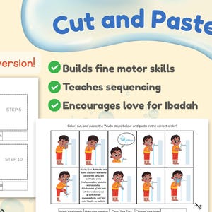 Islamic Printable for Kids – Colorful Wudu Steps - Islamic Cut and Paste Activity  | Islamic Worksheet | A4 PDF