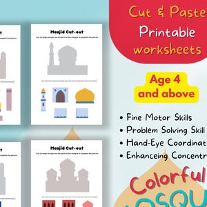 Islamic Activity Worksheets For Kids, Cut and Paste Mosque, Eid gift, Gift for Muslim