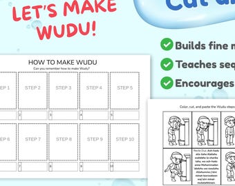 Wudu Steps Activity: Islamic Coloring & Cut-and-Paste Worksheet (A4 PDF)