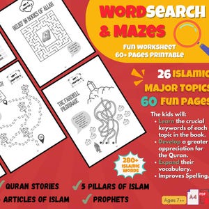 Islamic Word Search and Mazes Worksheet for Kids | Printable Muslim Activity | Ramadan, Prophets, Quran, 5 Pillars