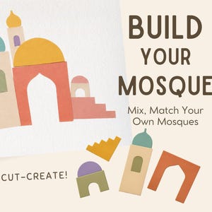 May include: A colorful paper craft set with mosque building blocks. The set includes various shapes and colors, such as yellow, orange, pink, and green, with the text "BUILD YOUR MOSQUE" and "PRINT-CUT-CREATE!"
