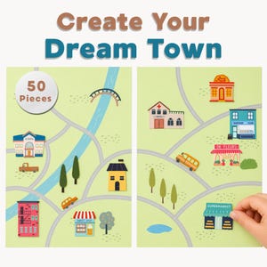 May include: A children's activity set with the text "Create Your Dream Town". The set includes 50 pieces of colourful town elements like buildings, trees, and vehicles, designed to be placed on a map-like background.