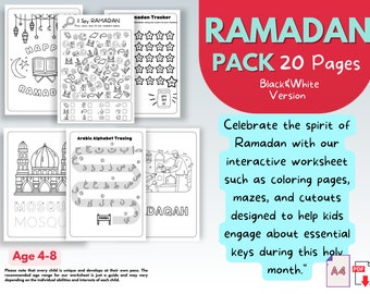Puede incluir: Un paquete de actividades de Ramadán para imprimir en blanco y negro para niños de 4 a 8 años. El paquete incluye 20 páginas de actividades como páginas para colorear, laberintos y recortes. El texto de la portada dice "Ramadan Pack 20 Pages Black&White Version".