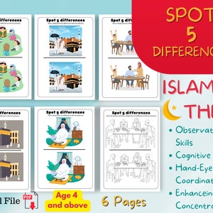 Peut inclure: Un ensemble de six feuilles de travail imprimables pour aider les enfants à développer leurs compétences d'observation. Chaque feuille de travail présente deux images avec cinq différences entre elles. Le thème des feuilles de travail est islamique, avec des images de personnes priant, de la Kaaba et d'autres symboles islamiques. Les feuilles de travail sont conçues pour les enfants de 4 ans et plus.