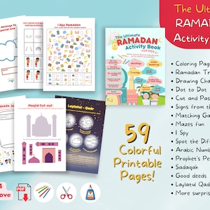 Ramadan activiteitenboek voor kinderen afdrukbaar en kleurrijk, traceren, doolhoven, kleuren, matchen, knippen en plakken, Eid-kaart, moskee
