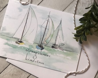 Nautical Greeting Card - Watercolor Greeting Card - 5x7 Blank Greeting Card - Sailboat Watercolor  - Blank Inside - All Occasion Card