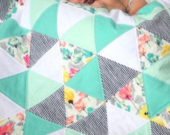 Summer Fields - triangle quilt - baby quilt - mint, turquoise, coral, and white