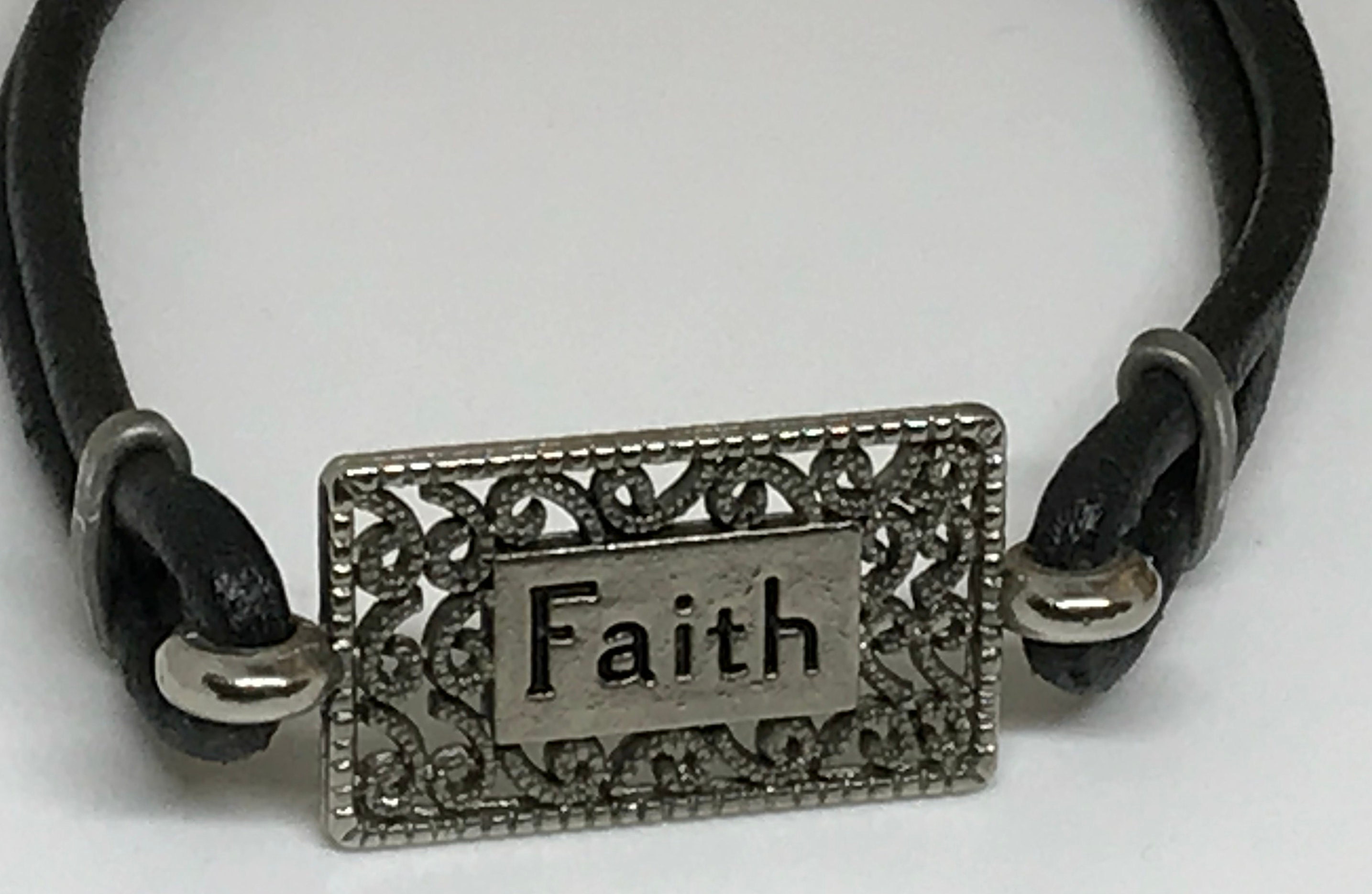 Faith Bracelet/Black Leather and Silver Link Etsy