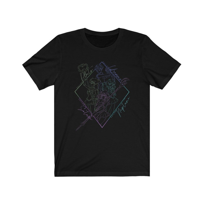 May include: Black t-shirt with a rainbow-colored line drawing of five anime characters in a diamond shape. The text "Sailor Neptune" is written in a stylized font below the diamond.