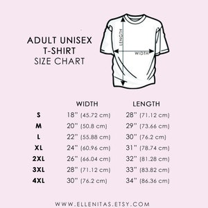 May include: Unisex t-shirt size chart with measurements in inches and centimeters. The chart shows the width and length of the shirt for sizes S, M, L, XL, 2XL, 3XL, and 4XL.