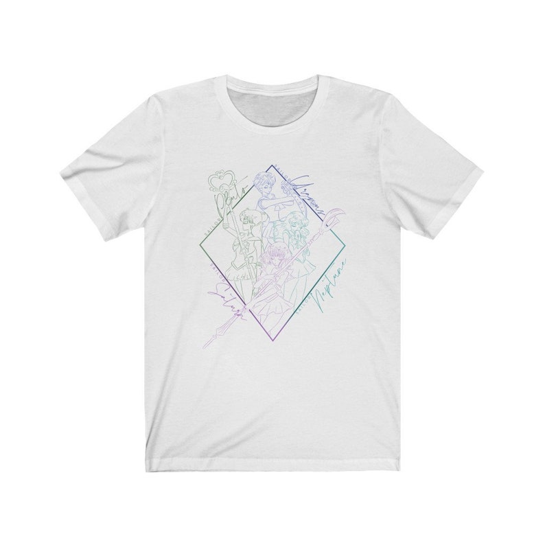 May include: White t-shirt with a graphic of five anime characters in a diamond shape. The characters are outlined in a gradient of blue, green, and purple. The text "Sailor Moon", "Mercury", "Mars", "Jupiter", and "Venus" are written around the diamond.