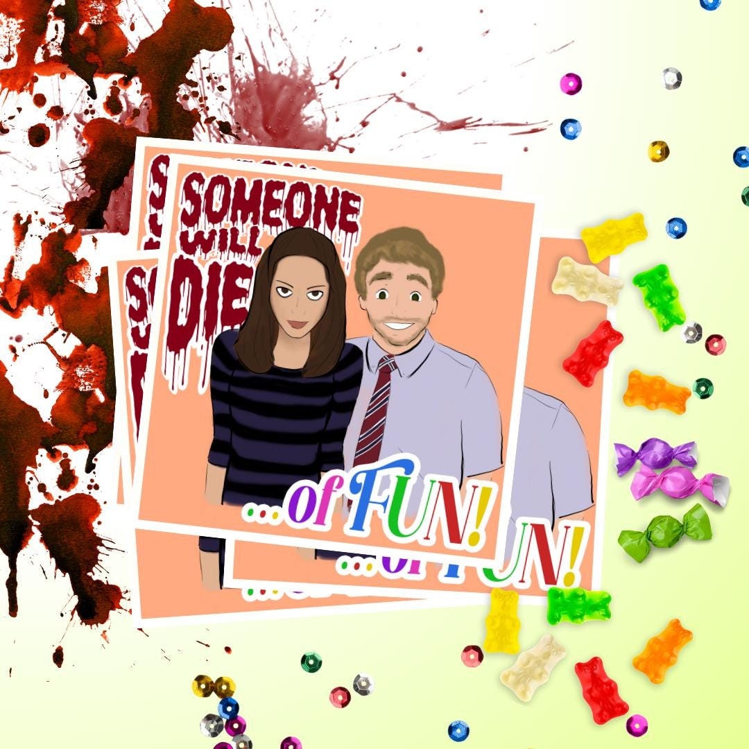 エイプリル＆アンディ ステッカー「誰かが死ぬ - 楽しいことで！」 3 x 3インチ | パークス・アンド・レクリエーション、エイプリル・ラドゲート、 アンディ・ドワイヤー - Etsy 日本, image size:1080x1080