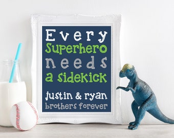 Every SUPERHERO needs a sidekick BROTHER Boy wall art print.  Twin nursery decor Boy nursery, little boy print. playroom art