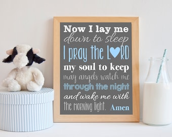 Now I Lay Me Down To Sleep sign print Canvas custom colors - Boy or girl wall art print.  Boy nursery, little boy print,  baby shower gift