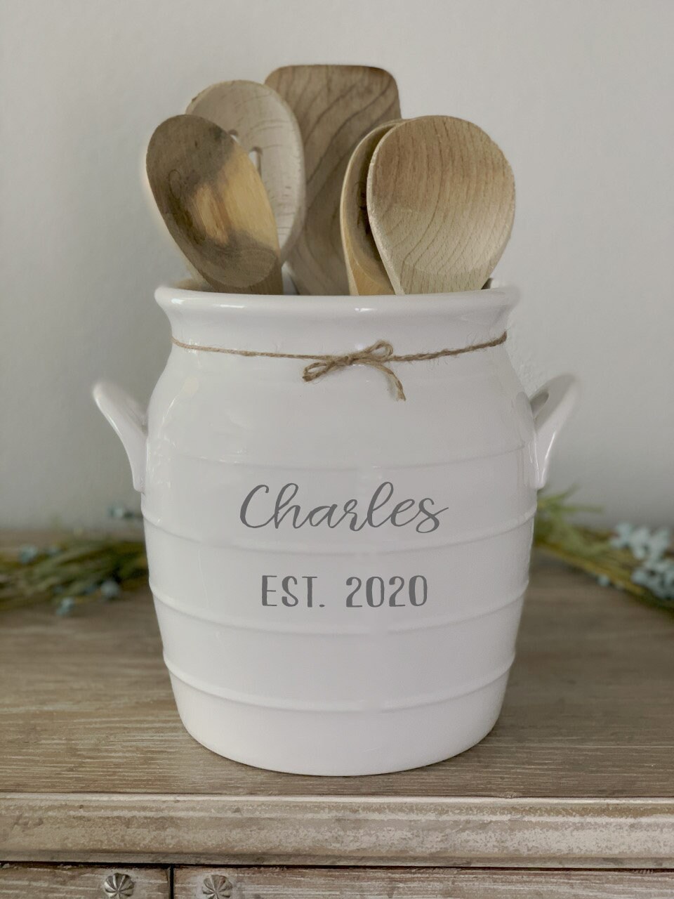 Personalized EXTRA LARGE ceramic utensil holder with handles, Custom Utensil crock, wedding gift, engagement gift, housewarming gift