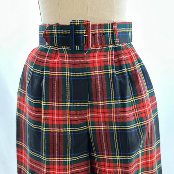 Vintage 90s High Waisted Belted Plaid Shorts Pleated Shorts High Rise Mom Shorts 24 Waist