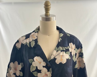 Vintage 90s Reworked Cropped Hawaiian Floral Print Collared Button Shirt Boxy Blouse Extra Large