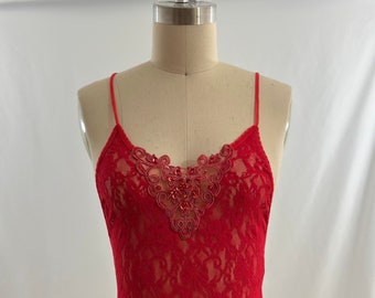 Vintage 80s Hanky Panky Red Sheer Floral Lace Lingerie Bodysuit Embroidered  Sequin Floral One Piece Teddy Extra Small