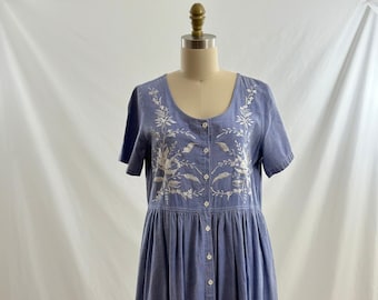 Vintage 90s Periwinkle Blue Floral Embroidered Dress Floral Midi Button Down Dress  Pockets Cottage Prairie Core  Small