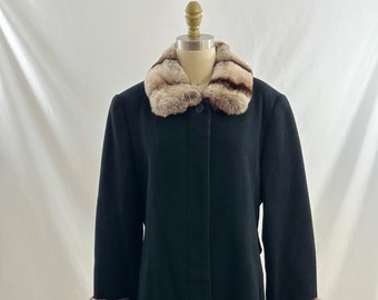 Vintage 80s Marvin Richards Black Wool and Fur Coat Vintage Midi Overcoat Large Size 10