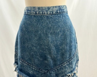 Vintage 80s Weathered Blues Acid Washed Fringe High Waisted Denim Skirt High Rise Mini Skirt 25 26 Waist