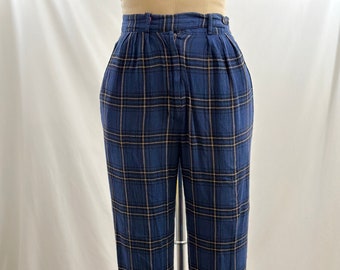 Vintage 90s Jones New York High Waisted  Blue Plaid Trousers High Rise Pleated Pants 24 Waist