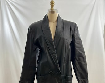 Vintage 80s Long Black Leather Coat Black Leather Button Up Coat Minimalist Medium