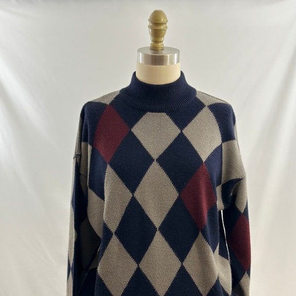 Vintage 90s Jones New York Diamon Print Mock Neck  Sweater Vintage Knit Pullover Sweater Medium