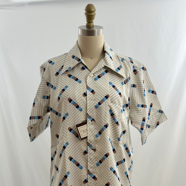 Vintage 80s  Chritian Dior  Geo Print Short Sleeve Button Up Blouse Wide Collar Novelty Print Blouse Medium