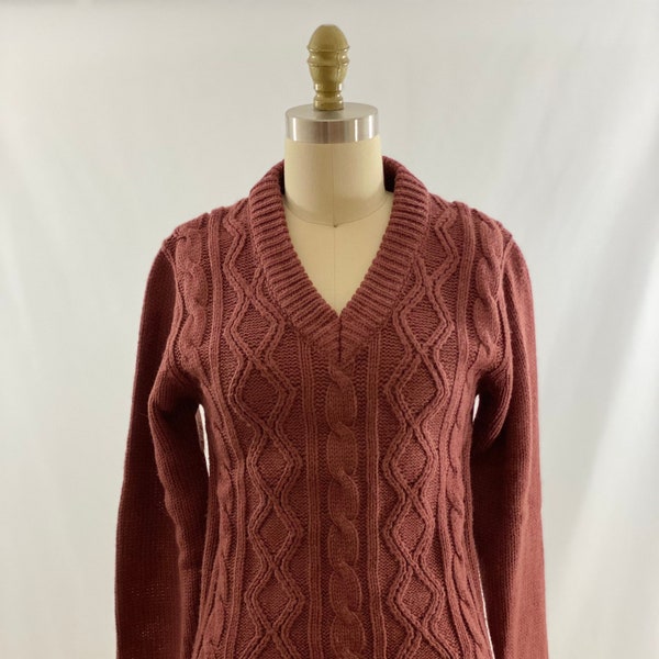 Vintage 70s 80s Brown Cable Knit Deep V Sweater Brown Pullover Jumper Small